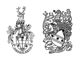 Vector heraldic set of coat of arms with knight helmets in vintage engraved style
