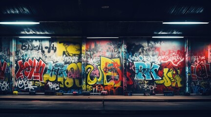A graffiti covered wall in an underground parking garage, AI - obrazy, fototapety, plakaty