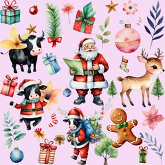 Obraz na płótnie Canvas Unique Christmas Cow Seamless Pattern - Hand-Painted Watercolor Design for Festive Decor & Wrapping - Limited Edition Graphics