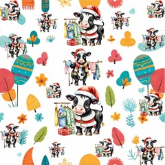 Unique Christmas Cow Seamless Pattern - Hand-Painted Watercolor Design for Festive Decor & Wrapping - Limited Edition Graphics