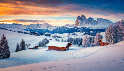 untouched winter landscape calm sunrise in alpe di siusi village snowy outdoor scene of dolomite alps ityaly europe beauty of nature concept background - obrazy, fototapety, plakaty