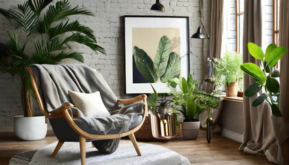 comfortable armchair blanket houseplant and picture artwork trendy idea plant easy generate ai - obrazy, fototapety, plakaty