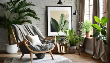 Foto op Plexiglas comfortable armchair blanket houseplant and picture artwork trendy idea plant easy generate ai © Nichole
