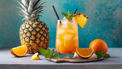 tropical mai tai cocktail summer drink with pineapple garnish and orange slices refreshing