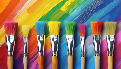 bright multicolored creative background a group of brushes with paint on the background of a...