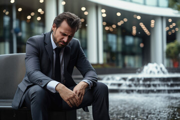 Depressed businessman in suit sitting outside office . Financial crisis concept