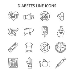 Diabetes prevention and treatment  line icon set.  Vector symbol of diet, weight control, obesity, liver, pancreas, glucometer, pressure blood monitor, headache.