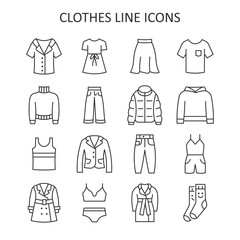 Woman clothing line icon set. Dress, skirt, blazer, jacket, jeans, pants, cloak flat symbol. Vector illustration.