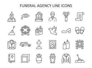 Funeral agency line icon set. Hearse, coffin, dove, church, gravestone, wreath, suit, bible, priest flat vector cymbol.