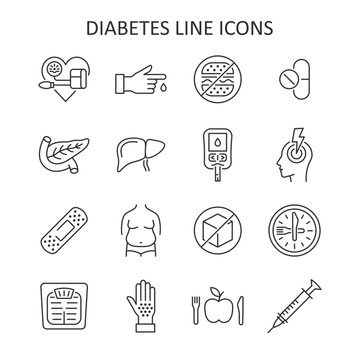 Diabetes prevention and treatment  line icon set.  Vector symbol of diet, weight control, obesity, liver, pancreas, glucometer, pressure blood monitor, headache.