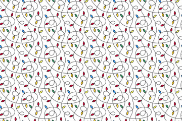 christmas vector seamless pattern with lights on white background. repeating new year pattern with multicolor tangled garland. cute cartoon garland with lights. new year christmas wallpaper - obrazy, fototapety, plakaty