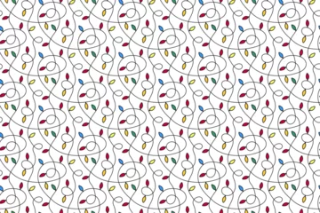 Fotobehang christmas vector seamless pattern with lights on white background. repeating new year pattern with multicolor tangled garland. cute cartoon garland with lights. new year christmas wallpaper © Karina