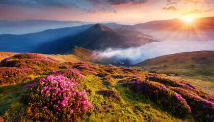 breathtaking nature scenery during sunset scenic image of fairy tale highland in sunlit incredible foggy morning in mountains with amazing pink rhododenndron flovers generative ai