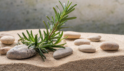 Obraz na płótnie Canvas zen garden inspiration rosemary sprig on minimalistic holistic background with sand and pebbles nature series