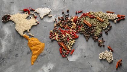 world map made of different spices on grey background top view generative ai