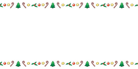 Vector background, frame, border of festive Christmas symbols in doodle flat style. Horizontal top and bottom edging, decoration on theme New Year and xmas.