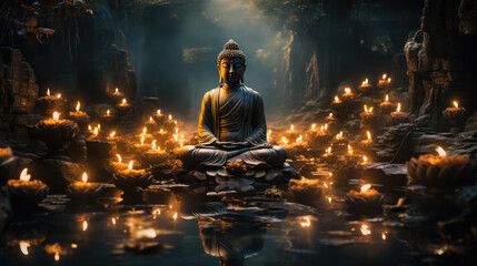 A Buddha statue with candles around it in a temple - obrazy, fototapety, plakaty