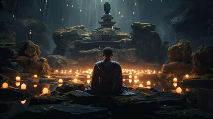 A man meditates in front of a Buddha statue with candles around it in a temple - obrazy, fototapety, plakaty