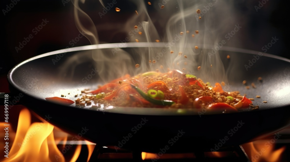 Poster A wok with food being cooked on fire, AI