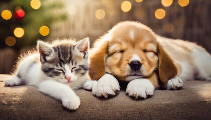 Fototapeta na wymiar cat and dog sleeping puppy and kitten sleep