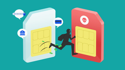 SIM Swapping Scam Concept. Phishing Scam. hackers extracting data from a SIM card. Fake SIM fraud. Financial fraud. - obrazy, fototapety, plakaty