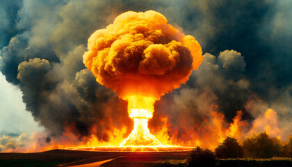 ai generated ai generative nuclear atomic explosion boom mushroom fire flame smoke apocalypse detonation graphic art - obrazy, fototapety, plakaty