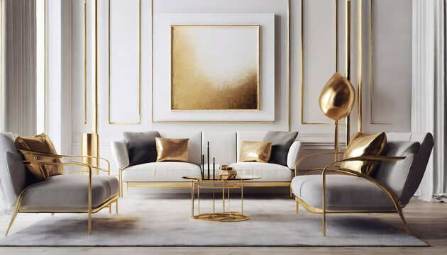 wall art mockup display image in a white living room with gold accents in a modern luxury high end style