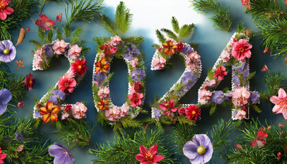 floral typography font art made of flowers 3d rendering new year 2024 - obrazy, fototapety, plakaty