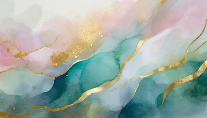 Fototapete Hell-pink abstract watercolour fluid background with waves and pastel colors with gold accents