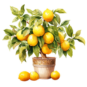 Potted lemon fruit Tree Watercolor Clipart
