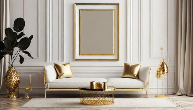 blank picture frame on a wall for showcasing art in an posh luxurious all white living room with elegant gold accents
