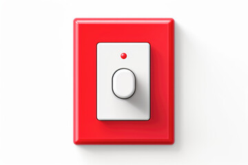 A red plastic light switch on a white wall is pushed to the "off" position, showcasing the control of electricity and power in a home's interior.