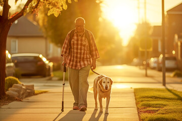 A blind person and their trusted guide dog cross a bustling street, highlighting the remarkable...