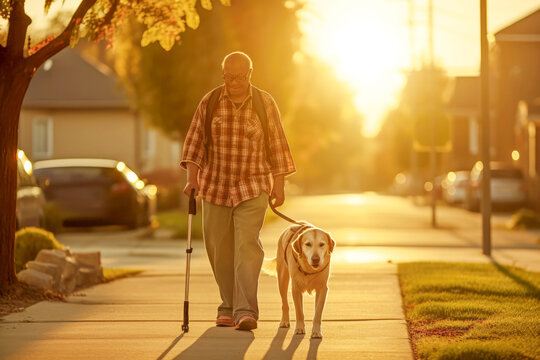 A blind person and their trusted guide dog cross a bustling street, highlighting the remarkable assistance and safety provided by these dedicated animal companions.