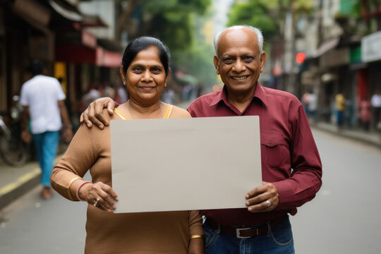 Happy indian senior couple showing blank paper