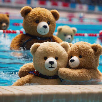 Ai image of Teddy bears swimming in pool
