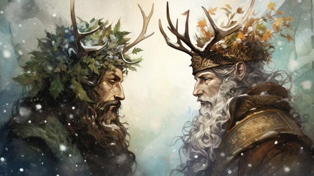 Illustration of two druids with deer antlers