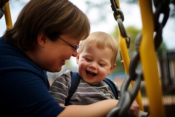 Fototapeta na wymiar Portrait of a boy with Down syndrome climbs on a swing with his mother at a playground