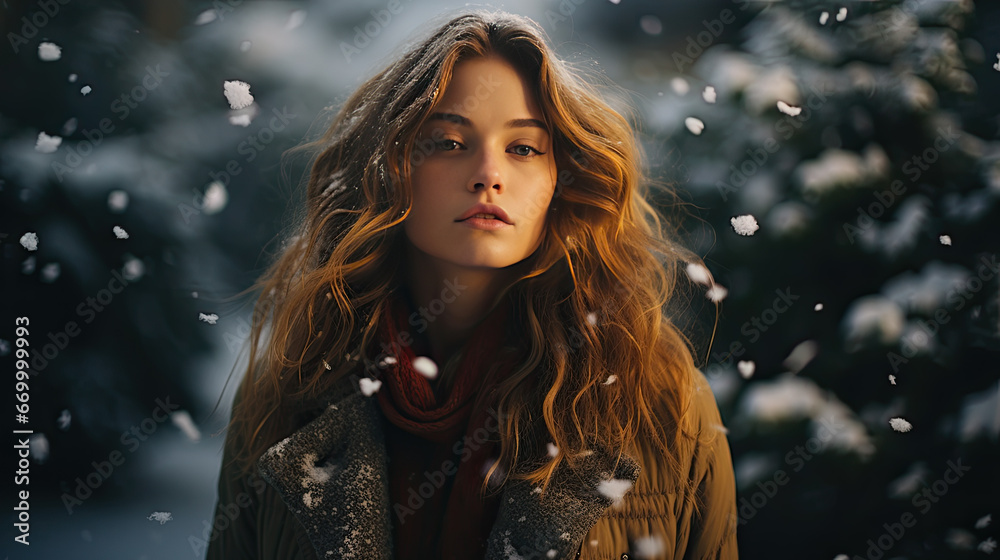 Wall mural portrait of a young woman with long brown hair in winter