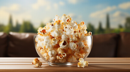 Delicious popcorn with caramel in a bowl and candies on wooden background, top view - obrazy, fototapety, plakaty