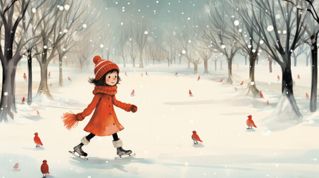 Illustration of a girl skating on a frozen lake in winter with red birds around it