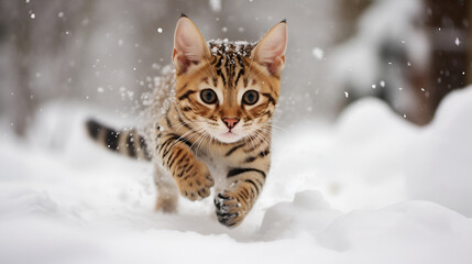 Generative AI. A beautiful cat running outside in the snow - obrazy, fototapety, plakaty