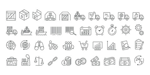 Simple Set of logistics and supply chain management Related Vector Line Icons. Truck, ship, warehouse, commerce, time, barcode, customer, tracking. Editable Stroke.