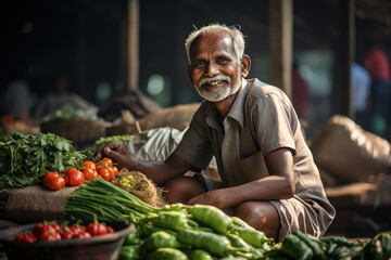 Fototapeta na wymiar Old man selling fresh vegetables in the market