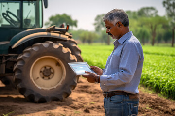 indian farmer using tablet in the field