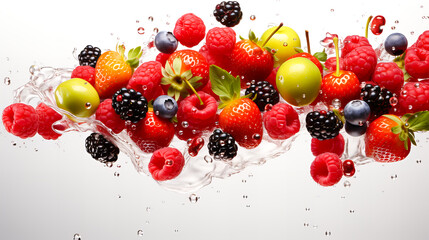 Fresh fruits falling into water with splash on white background. Healthy food concept. Generative AI technology.