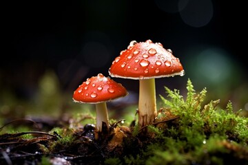 captivating mushrooms with dew on mossy surface. Generative AI