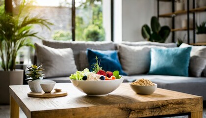 Fototapeta na wymiar Healthy food bowl in a modern livingroom