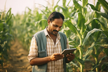 indian farmer using tablet in farm
