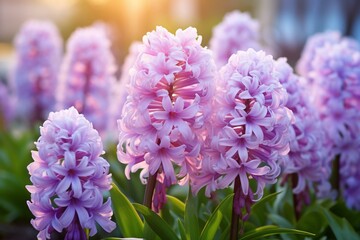 Beautiful morning hyacinthus blossom in the garden. Generative AI